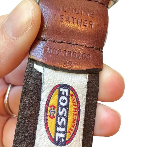 Vintage Fossil Men’s Woven Brown Leather Belt Size 38 Silver Buckle Y2K 90s - Picture 3 of 9
